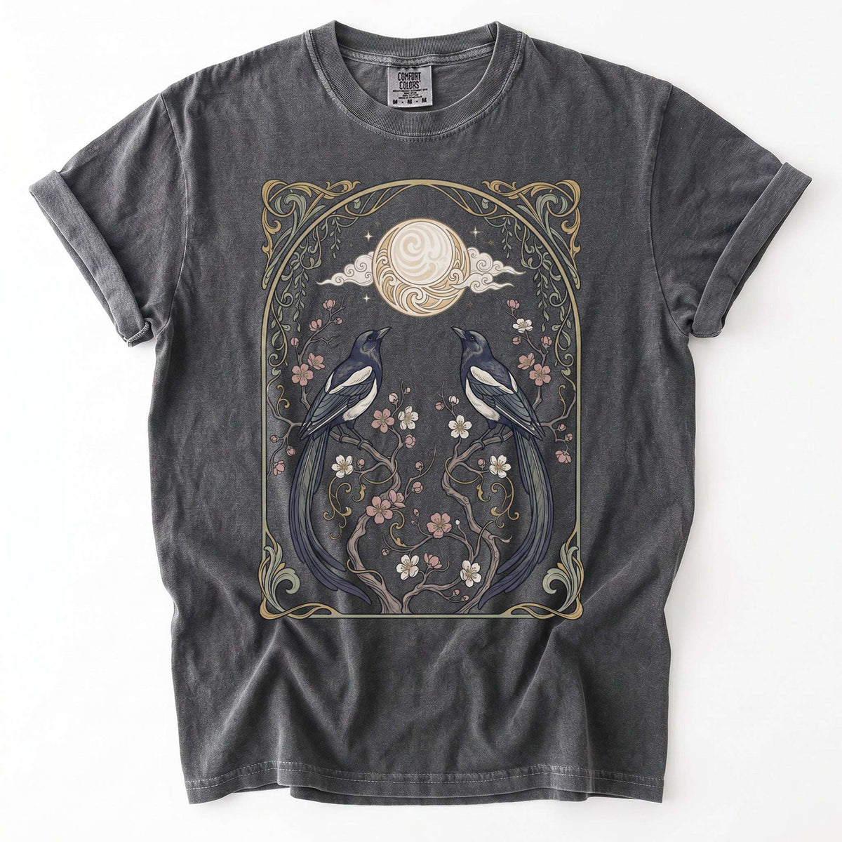 Art Nouveau Magpies And Blossom Moon Vintage Washed T-Shirt