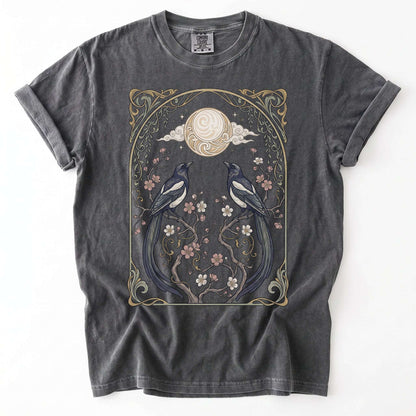 Art Nouveau Magpies And Blossom Moon Vintage Washed T-Shirt