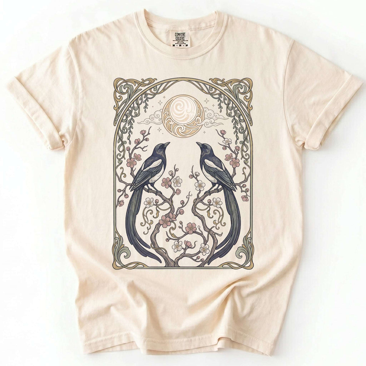 Art Nouveau Magpies And Blossom Moon Vintage Washed T-Shirt