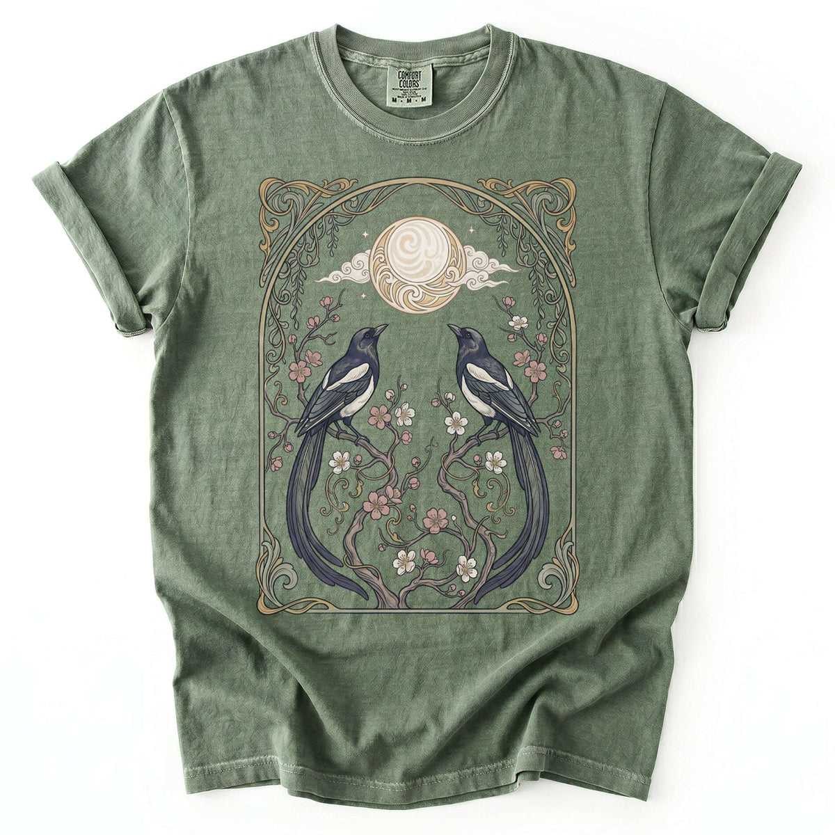 Art Nouveau Magpies And Blossom Moon Vintage Washed T-Shirt