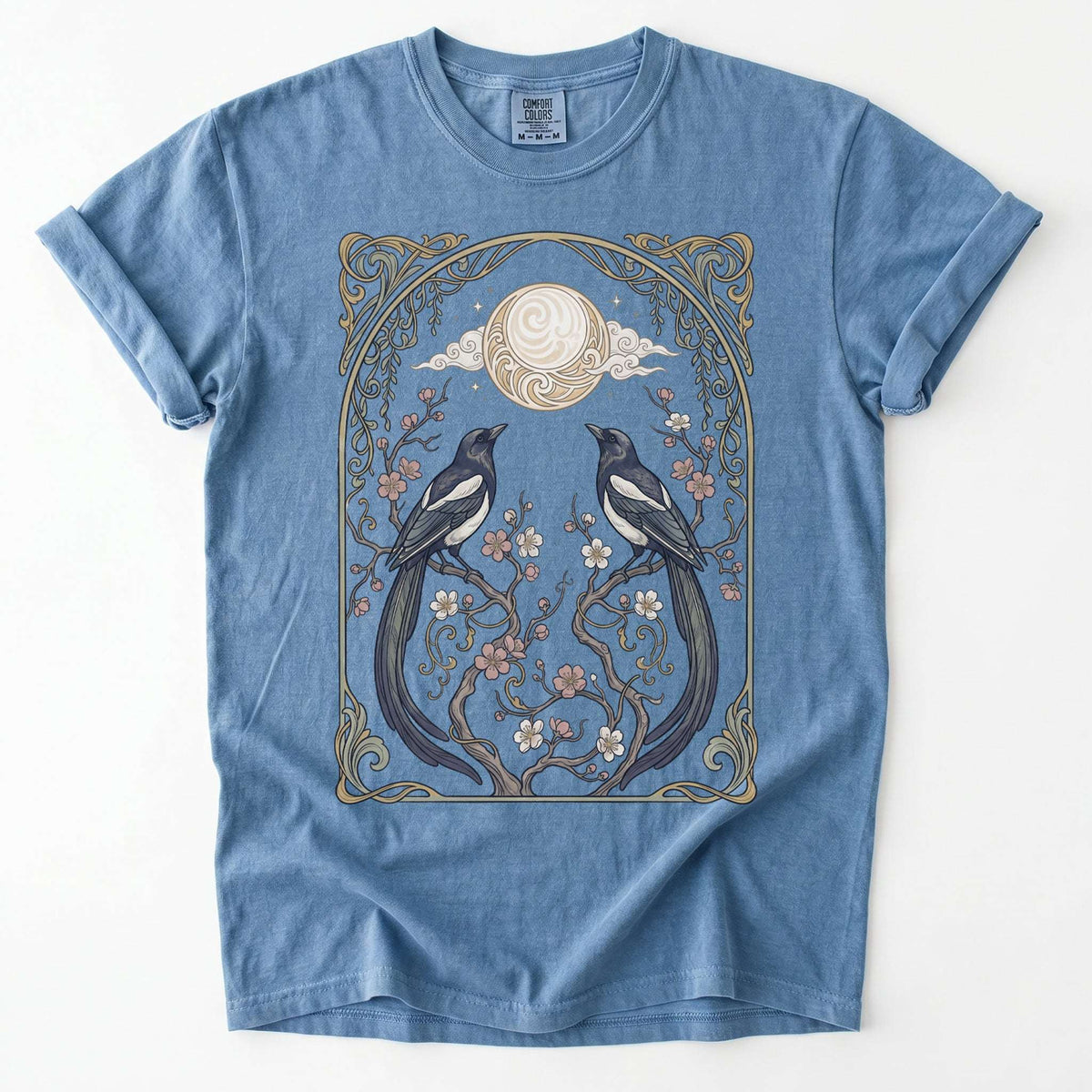 Art Nouveau Magpies And Blossom Moon Vintage Washed T-Shirt