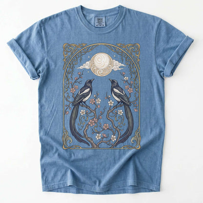 Art Nouveau Magpies And Blossom Moon Vintage Washed T-Shirt