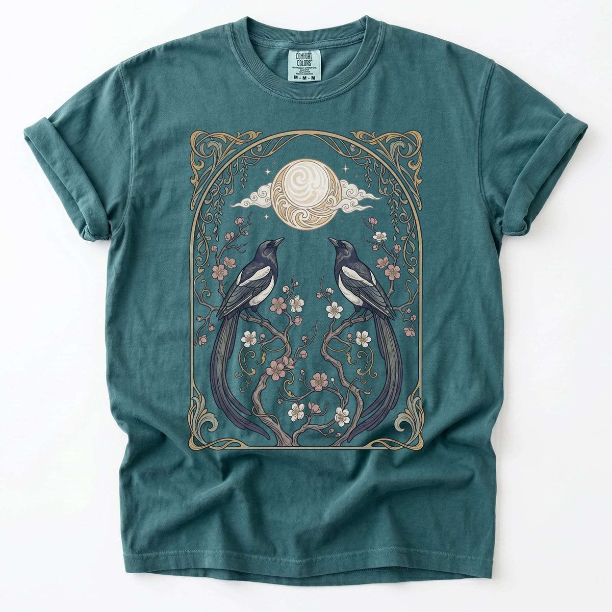 Art Nouveau Magpies And Blossom Moon Vintage Washed T-Shirt