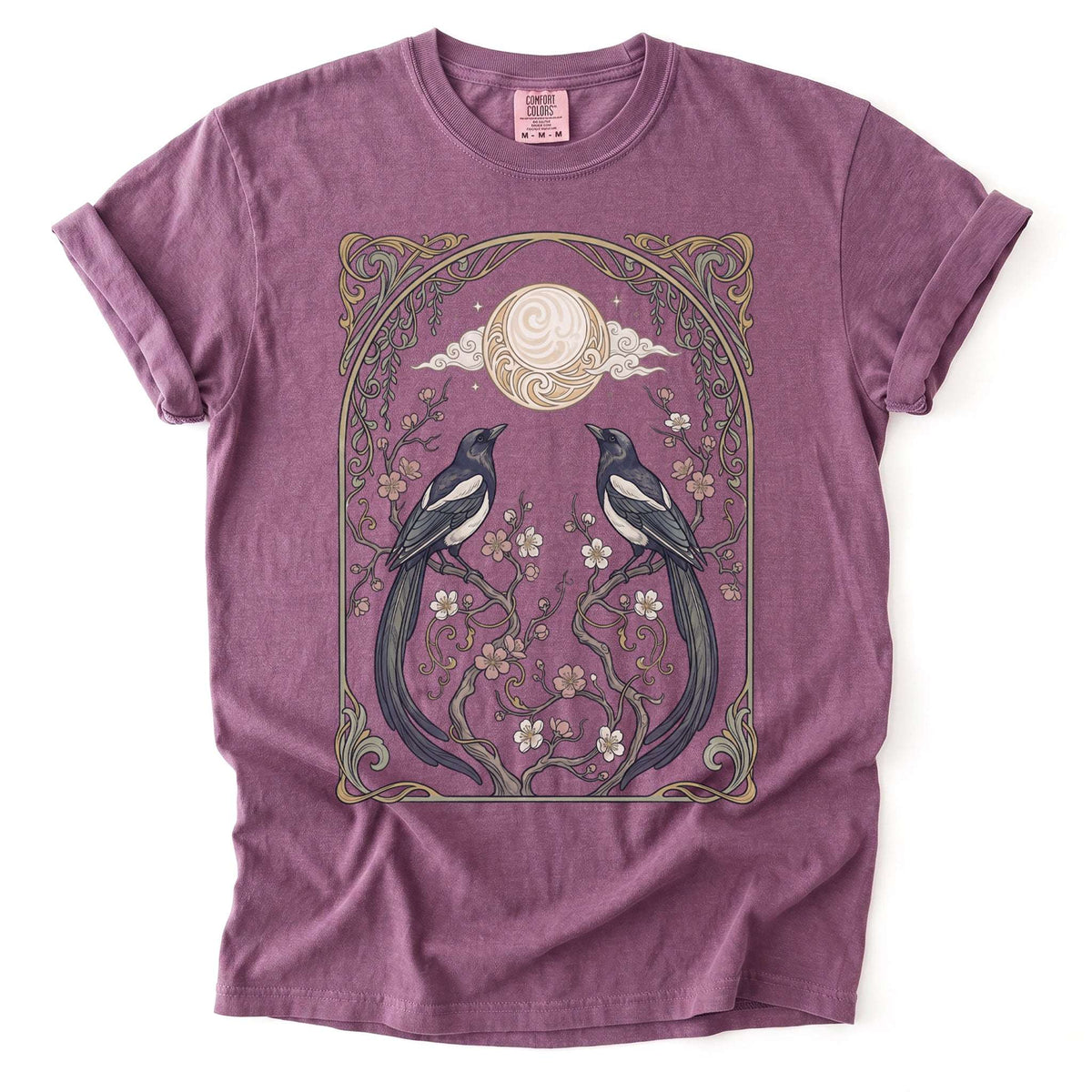 Art Nouveau Magpies And Blossom Moon Vintage Washed T-Shirt