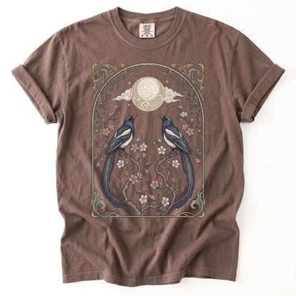 Art Nouveau Magpies And Blossom Moon Vintage Washed T-Shirt