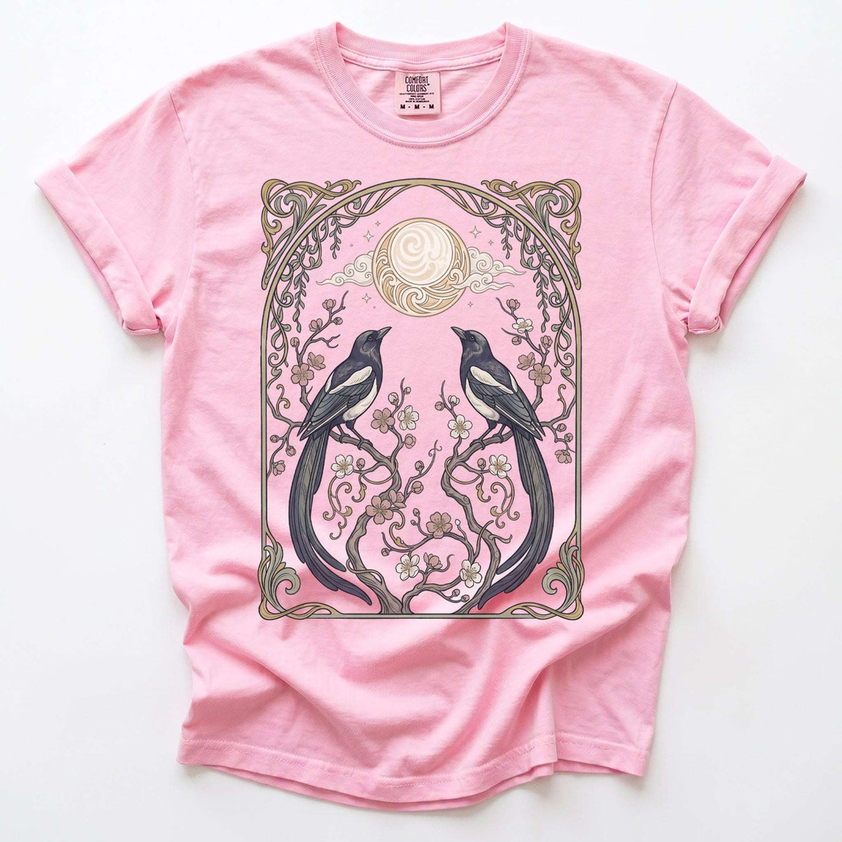 Art Nouveau Magpies And Blossom Moon Vintage Washed T-Shirt