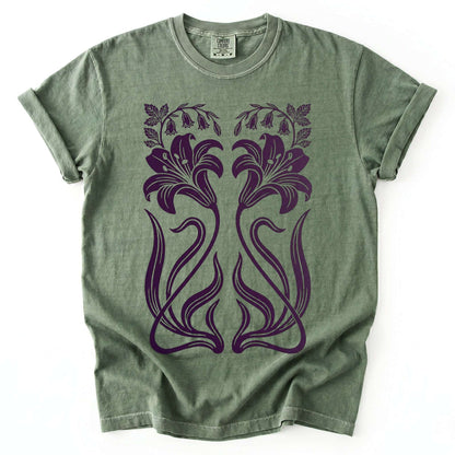 Art Nouveau Mirrored Lilies Vintage Washed T-Shirt