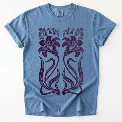 Art Nouveau Mirrored Lilies Vintage Washed T-Shirt