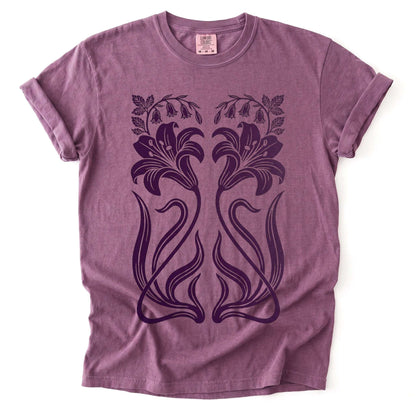 Art Nouveau Mirrored Lilies Vintage Washed T-Shirt