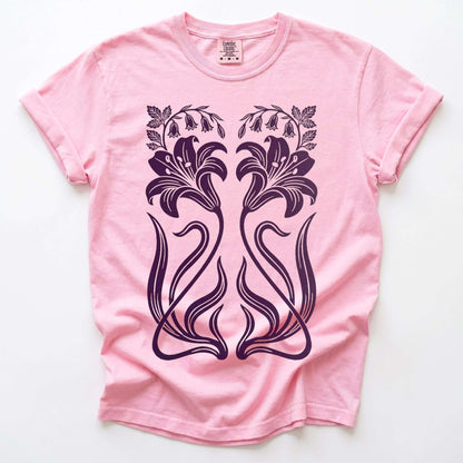 Art Nouveau Mirrored Lilies Vintage Washed T-Shirt