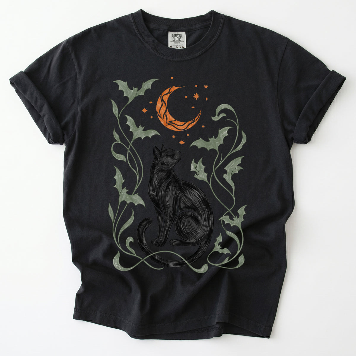 Art Nouveau Moonlit Black Cat Vintage Washed T-Shirt