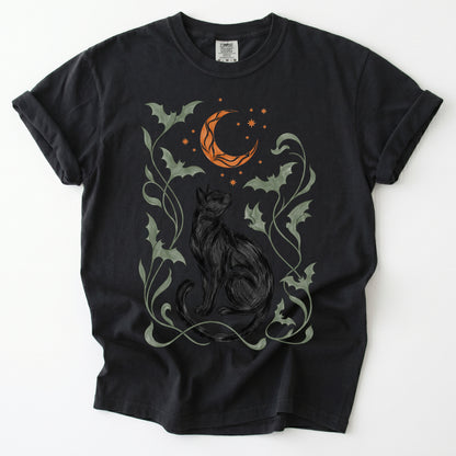 Art Nouveau Moonlit Black Cat Vintage Washed T-Shirt