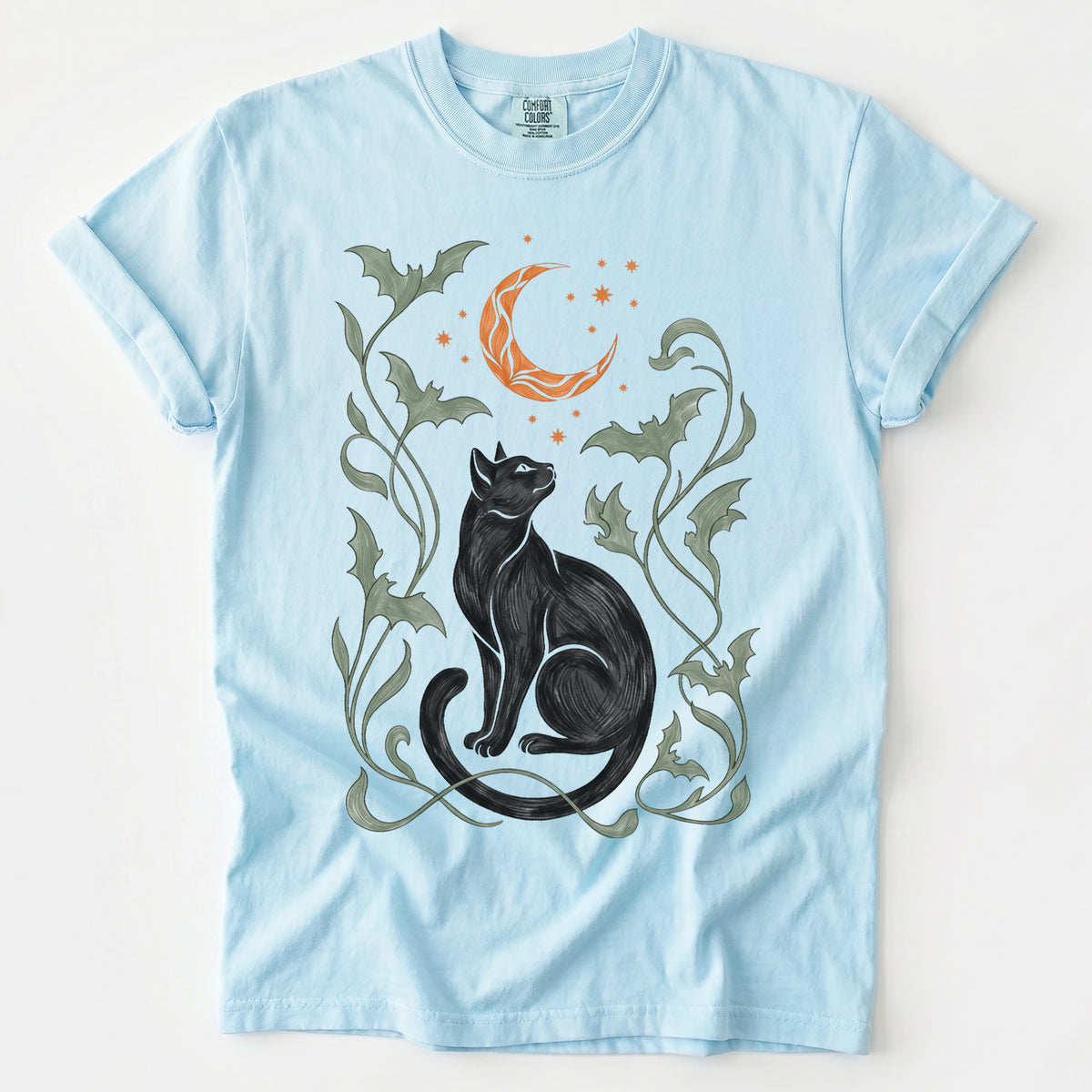 Art Nouveau Moonlit Black Cat Vintage Washed T-Shirt