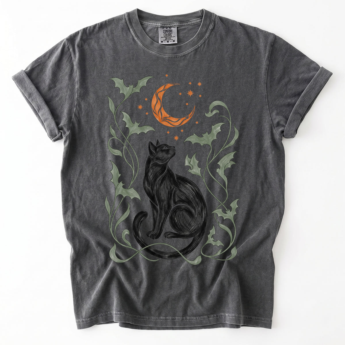 Art Nouveau Moonlit Black Cat Vintage Washed T-Shirt