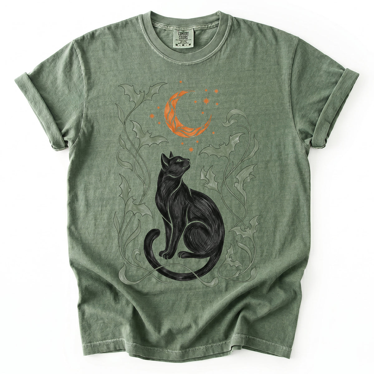Art Nouveau Moonlit Black Cat Vintage Washed T-Shirt