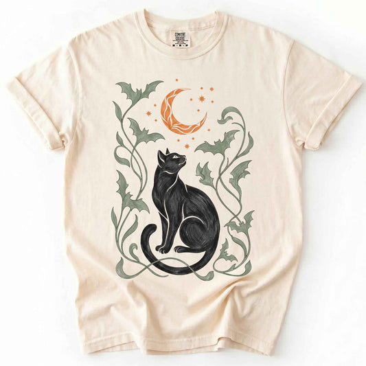 Art Nouveau Moonlit Black Cat Vintage Washed T-Shirt