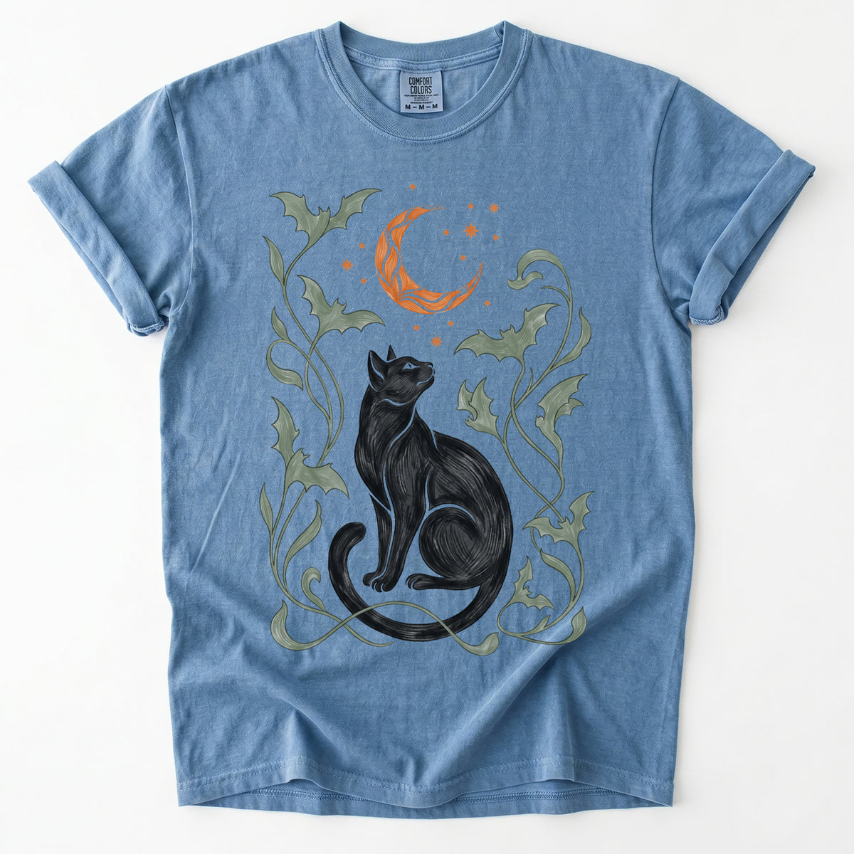 Art Nouveau Moonlit Black Cat Vintage Washed T-Shirt