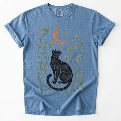Art Nouveau Moonlit Black Cat Vintage Washed T-Shirt