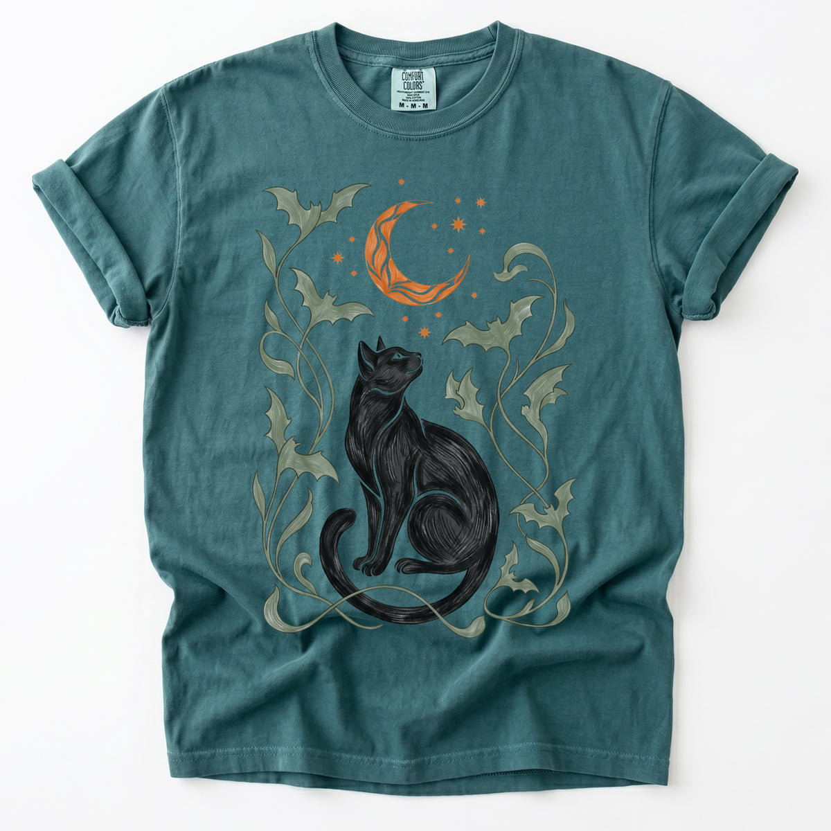 Art Nouveau Moonlit Black Cat Vintage Washed T-Shirt