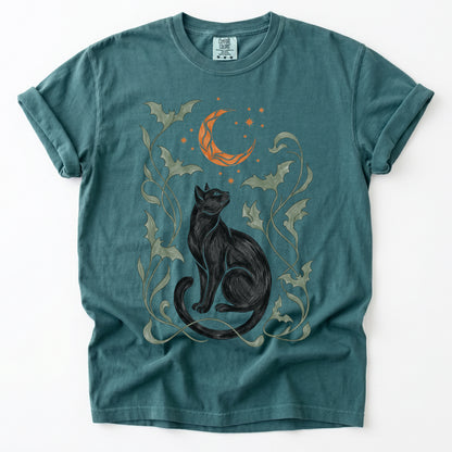Art Nouveau Moonlit Black Cat Vintage Washed T-Shirt
