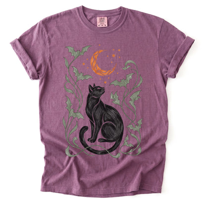 Art Nouveau Moonlit Black Cat Vintage Washed T-Shirt