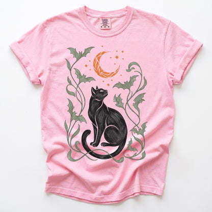 Art Nouveau Moonlit Black Cat Vintage Washed T-Shirt