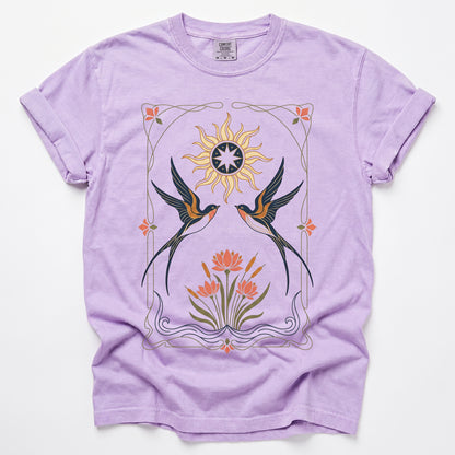 Art Nouveau Swallows Vintage Washed T-Shirt
