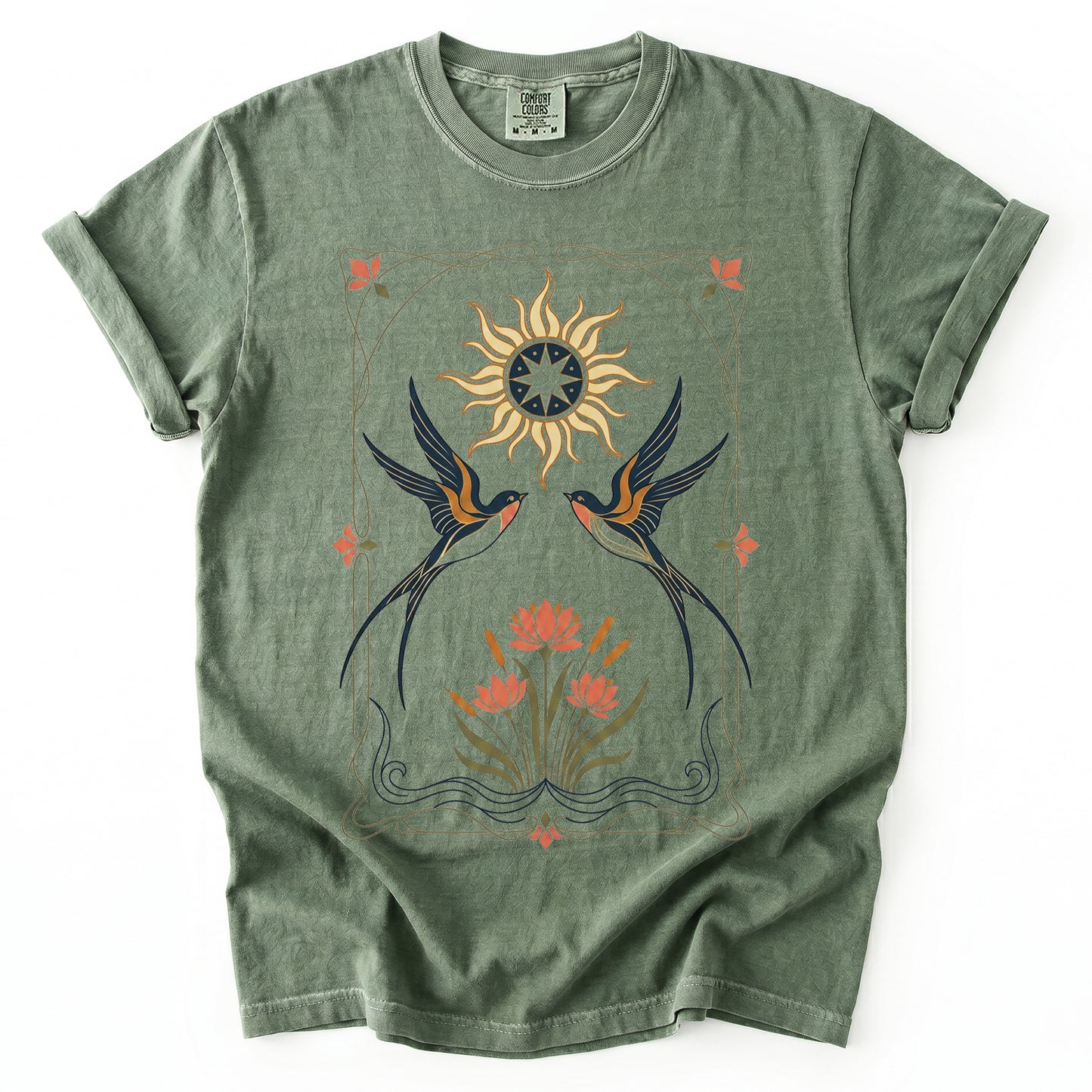 Art Nouveau Swallows Vintage Washed T-Shirt