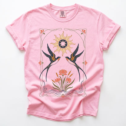 Art Nouveau Swallows Vintage Washed T-Shirt