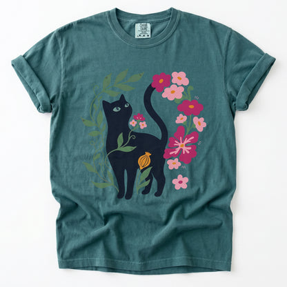 Whimsical Black Cat Heavyweight T-Shirt