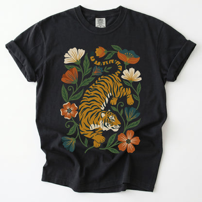 Retro Botanical Tiger Vintage Washed T-Shirt