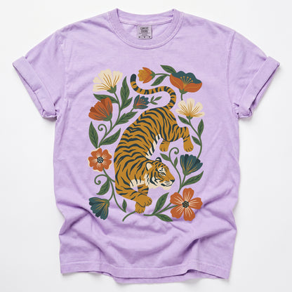 Retro Botanical Tiger Vintage Washed T-Shirt