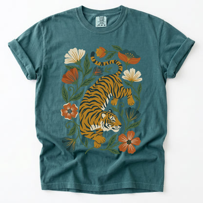 Retro Botanical Tiger Vintage Washed T-Shirt