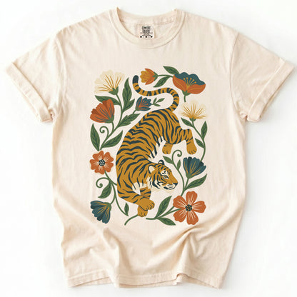Retro Botanical Tiger Vintage Washed T-Shirt