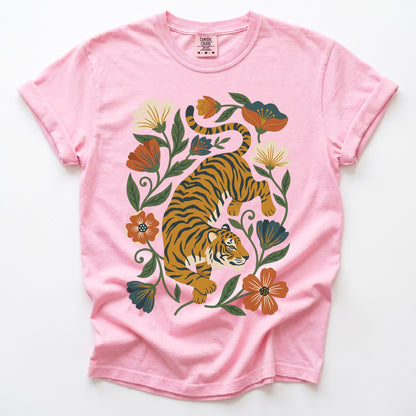 Retro Botanical Tiger Vintage Washed T-Shirt