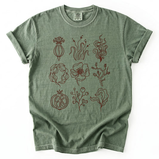 Botanical Line Art Grid Vintage Washed T-Shirt