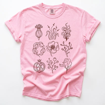 Botanical Line Art Grid Vintage Washed T-Shirt