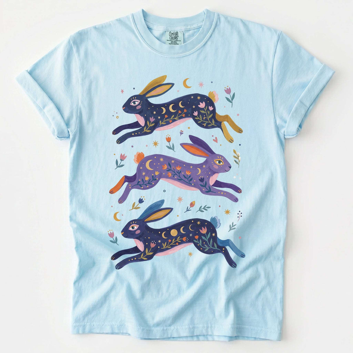 Celestial Folk Art Hares Vintage Washed T-Shirt