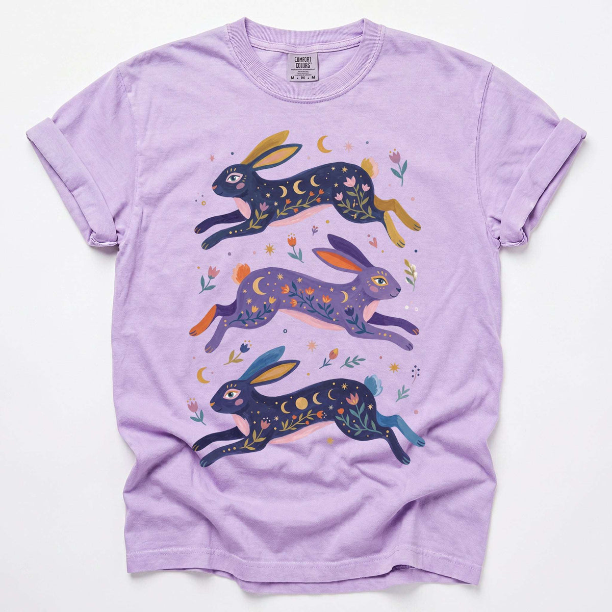 Celestial Folk Art Hares Vintage Washed T-Shirt