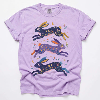 Celestial Folk Art Hares Vintage Washed T-Shirt