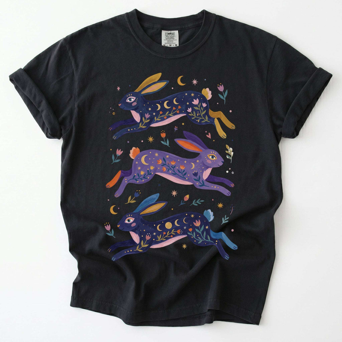 Celestial Folk Art Hares Vintage Washed T-Shirt