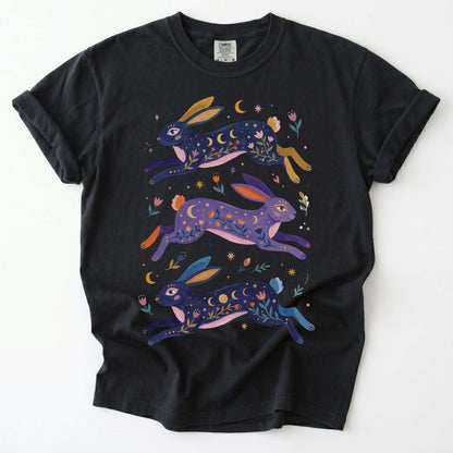 Celestial Folk Art Hares Vintage Washed T-Shirt