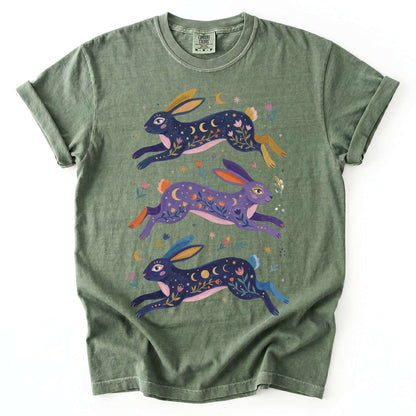 Celestial Folk Art Hares Vintage Washed T-Shirt