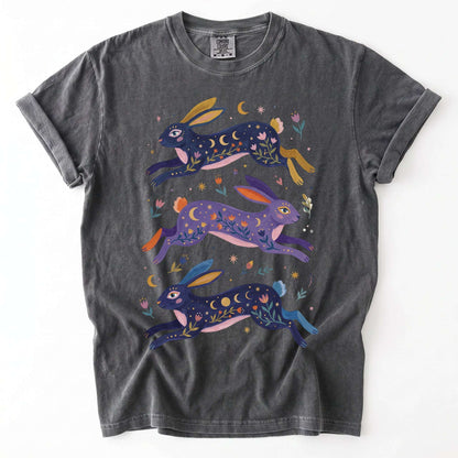 Celestial Folk Art Hares Vintage Washed T-Shirt