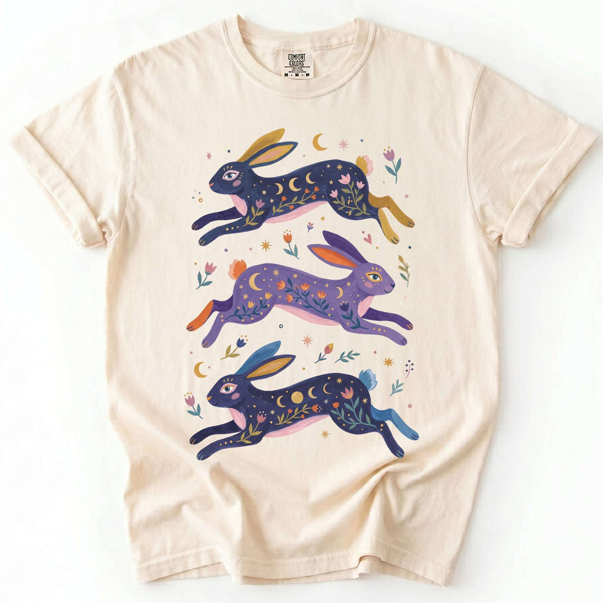 Celestial Folk Art Hares Vintage Washed T-Shirt