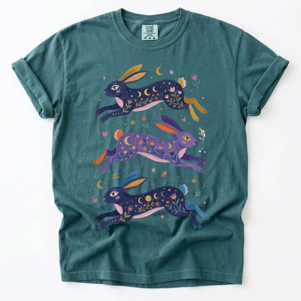 Celestial Folk Art Hares Vintage Washed T-Shirt