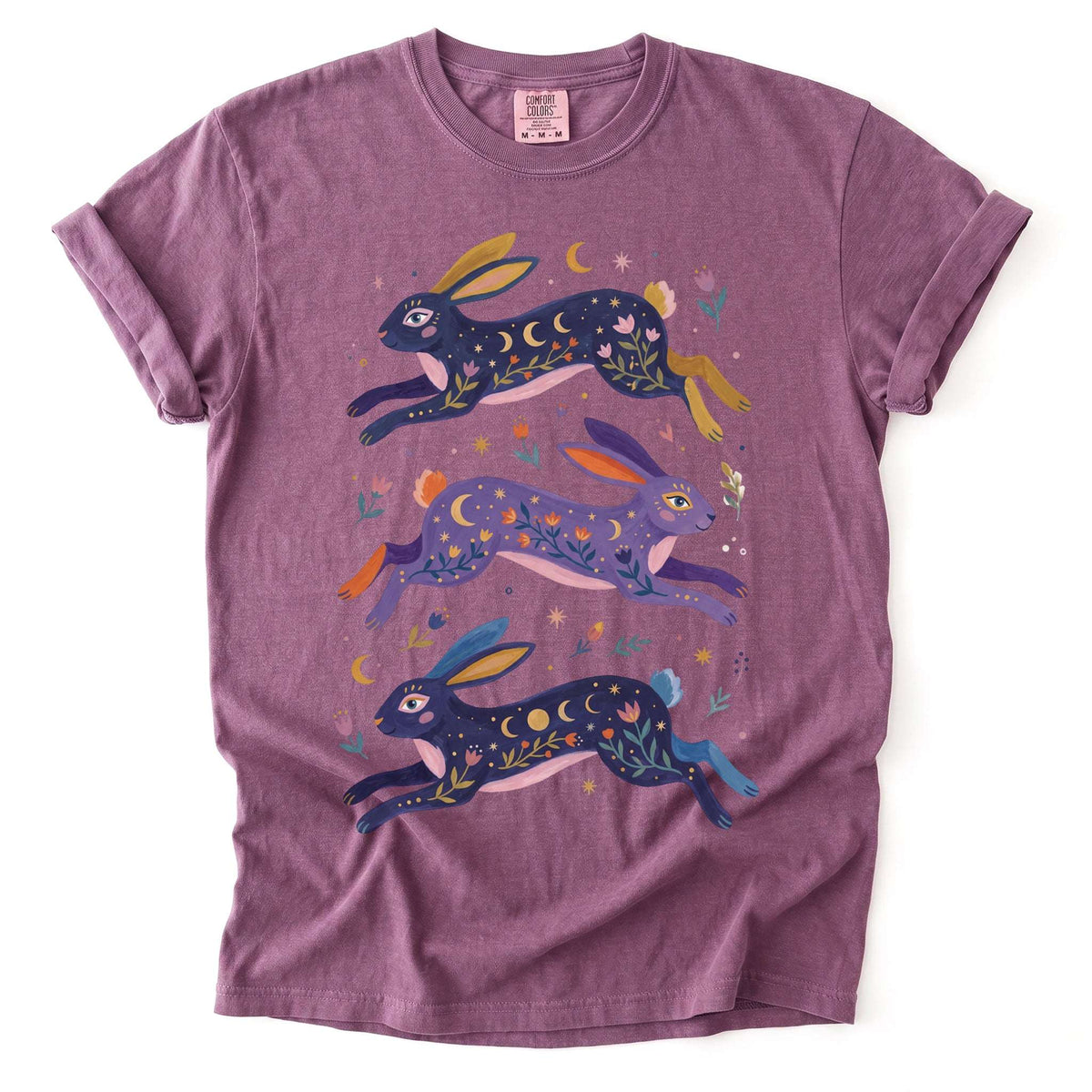 Celestial Folk Art Hares Vintage Washed T-Shirt