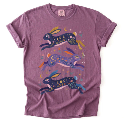 Celestial Folk Art Hares Vintage Washed T-Shirt