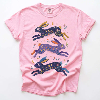Celestial Folk Art Hares Vintage Washed T-Shirt