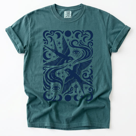Celestial Swallows Vintage Washed T-Shirt
